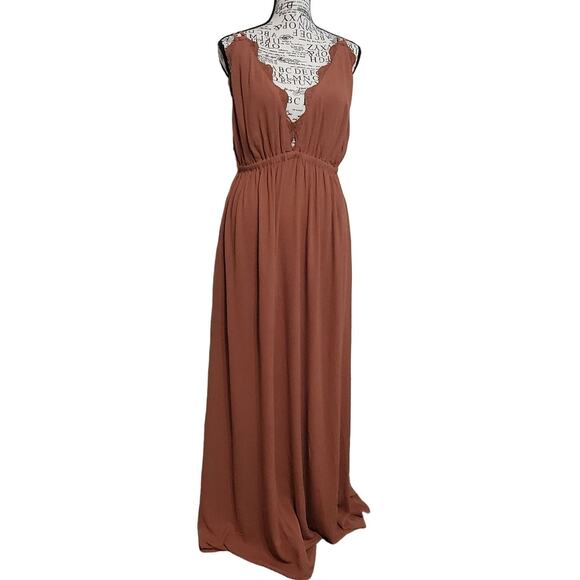 Wishlist Apparel Brown Maxi Dress Strappy Open Back Deep V Neck Flowy Large